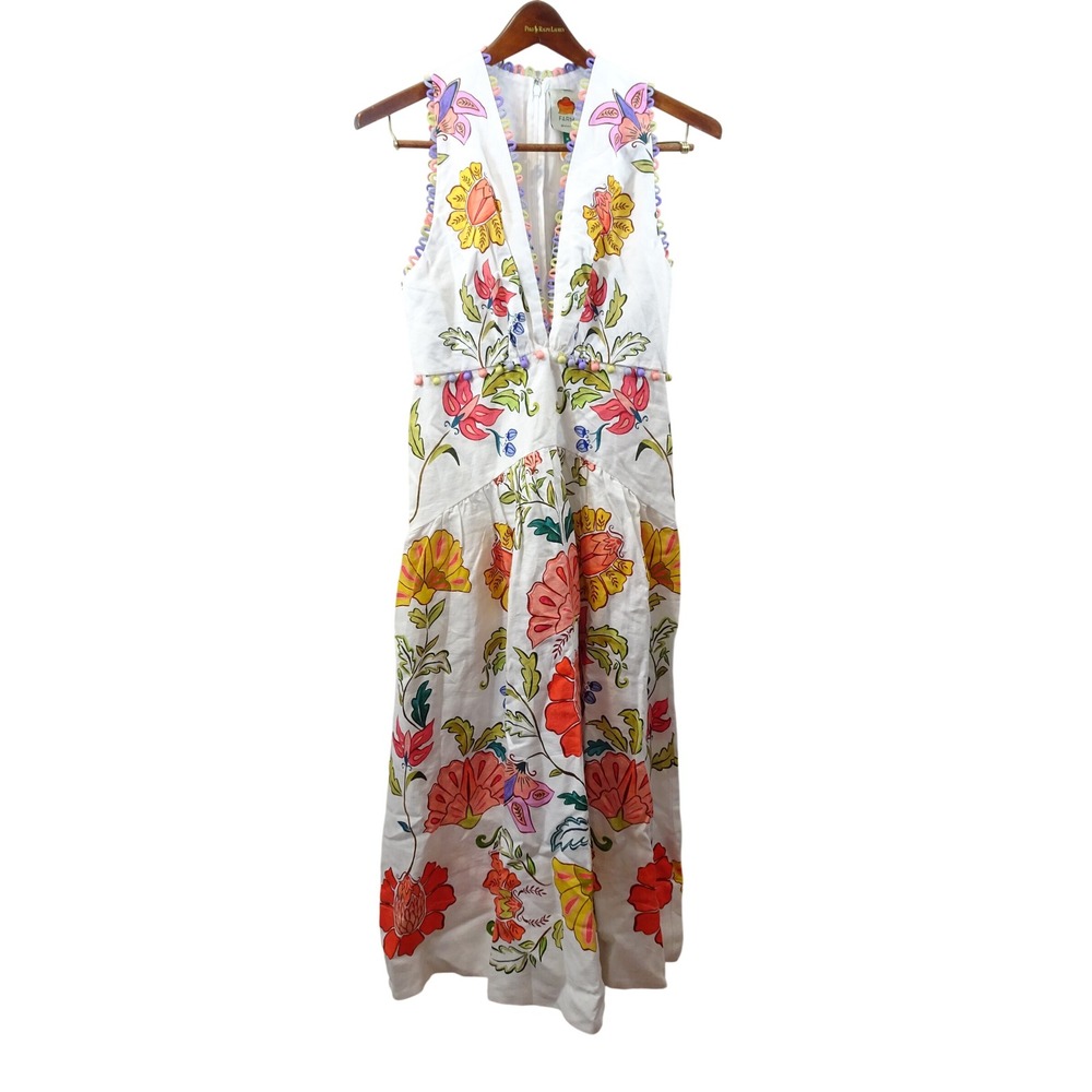 Farm Rio White Floral Pom Pom Scallop Trim V-Neck Linen Blend Maxi Dress Medium